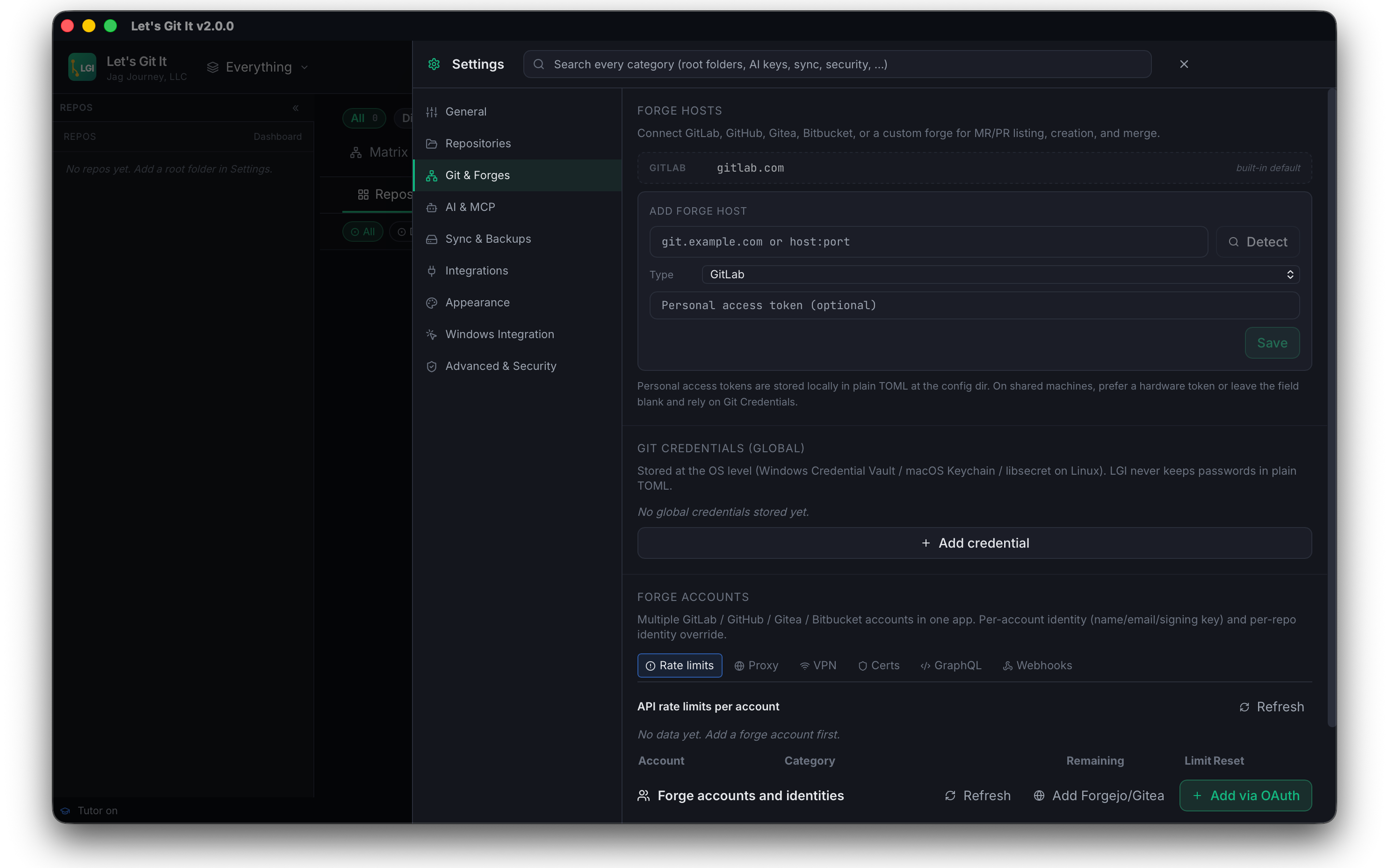 Let's Git It forge account settings